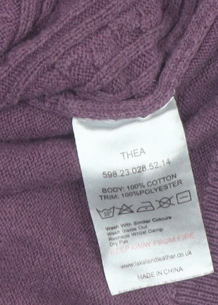 Lakeland Women Purple Cable-Knit Cotton Jumper Size 14 V-Neck