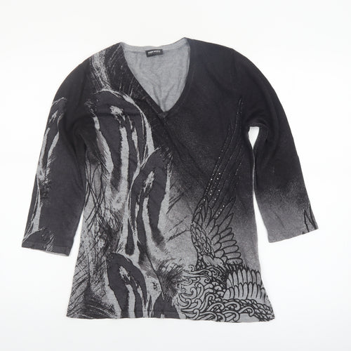 Gerry Weber Women's Black Printed V-Neck 3/4 Sleeve Pullover Jumper Size 10
