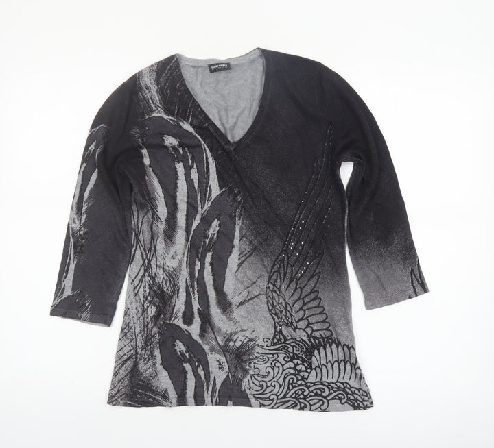 Gerry Weber Women's Black Printed V-Neck 3/4 Sleeve Pullover Jumper Size 10
