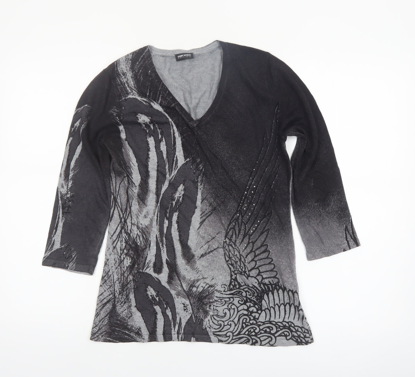 Gerry Weber Women's Black Printed V-Neck 3/4 Sleeve Pullover Jumper Size 10