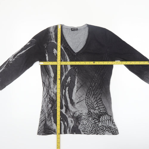Gerry Weber Women's Black Printed V-Neck 3/4 Sleeve Pullover Jumper Size 10
