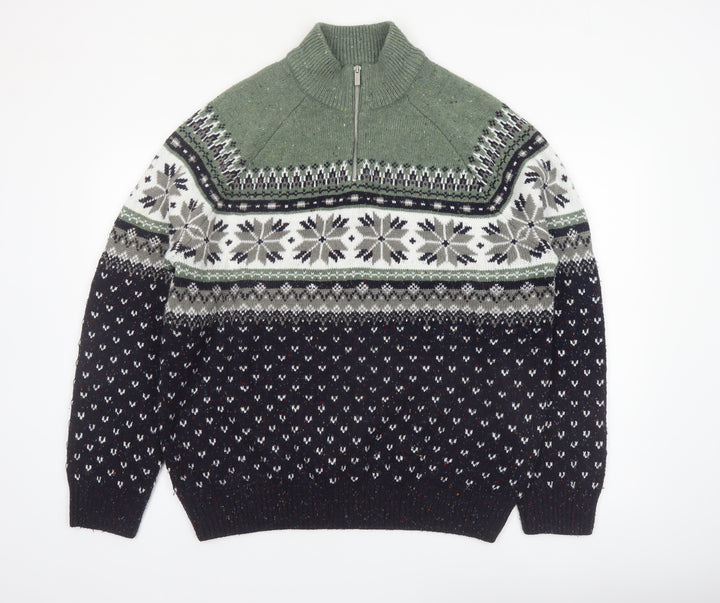 Tu Men’s Green Fair Isle Half Zip Jumper XXL Acrylic Blend