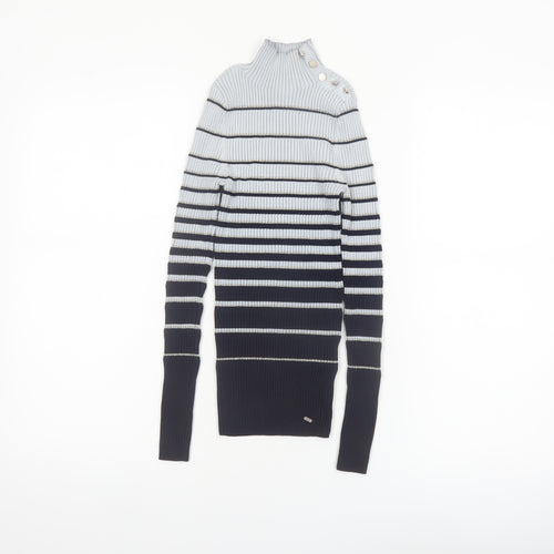 Ted Baker Women Grey & Navy Striped Mock Neck Ribbed Jumper Size XS