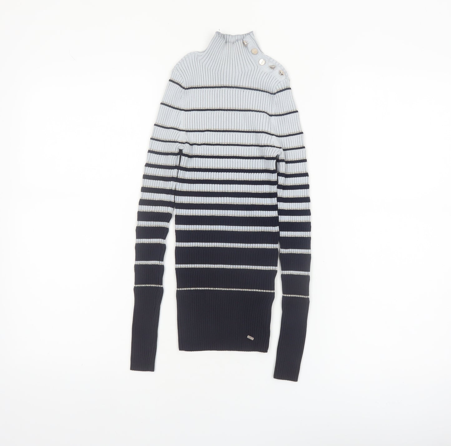 Ted Baker Women Grey & Navy Striped Mock Neck Ribbed Jumper Size XS