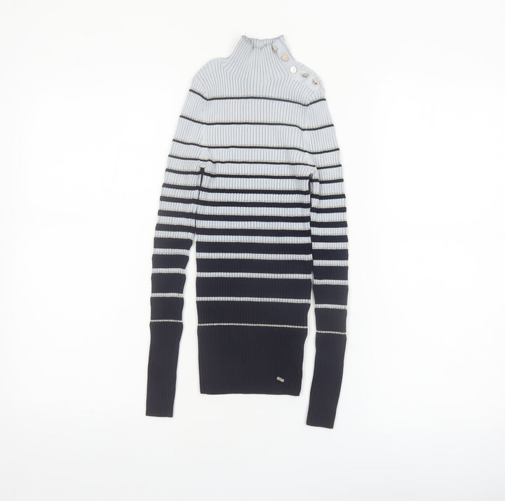 Ted Baker Women Grey & Navy Striped Mock Neck Ribbed Jumper Size XS