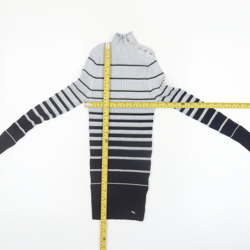 Ted Baker Women Grey & Navy Striped Mock Neck Ribbed Jumper Size XS