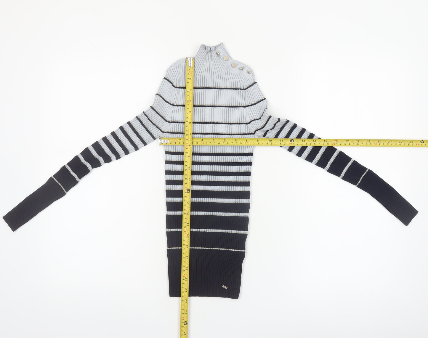 Ted Baker Women Grey & Navy Striped Mock Neck Ribbed Jumper Size XS