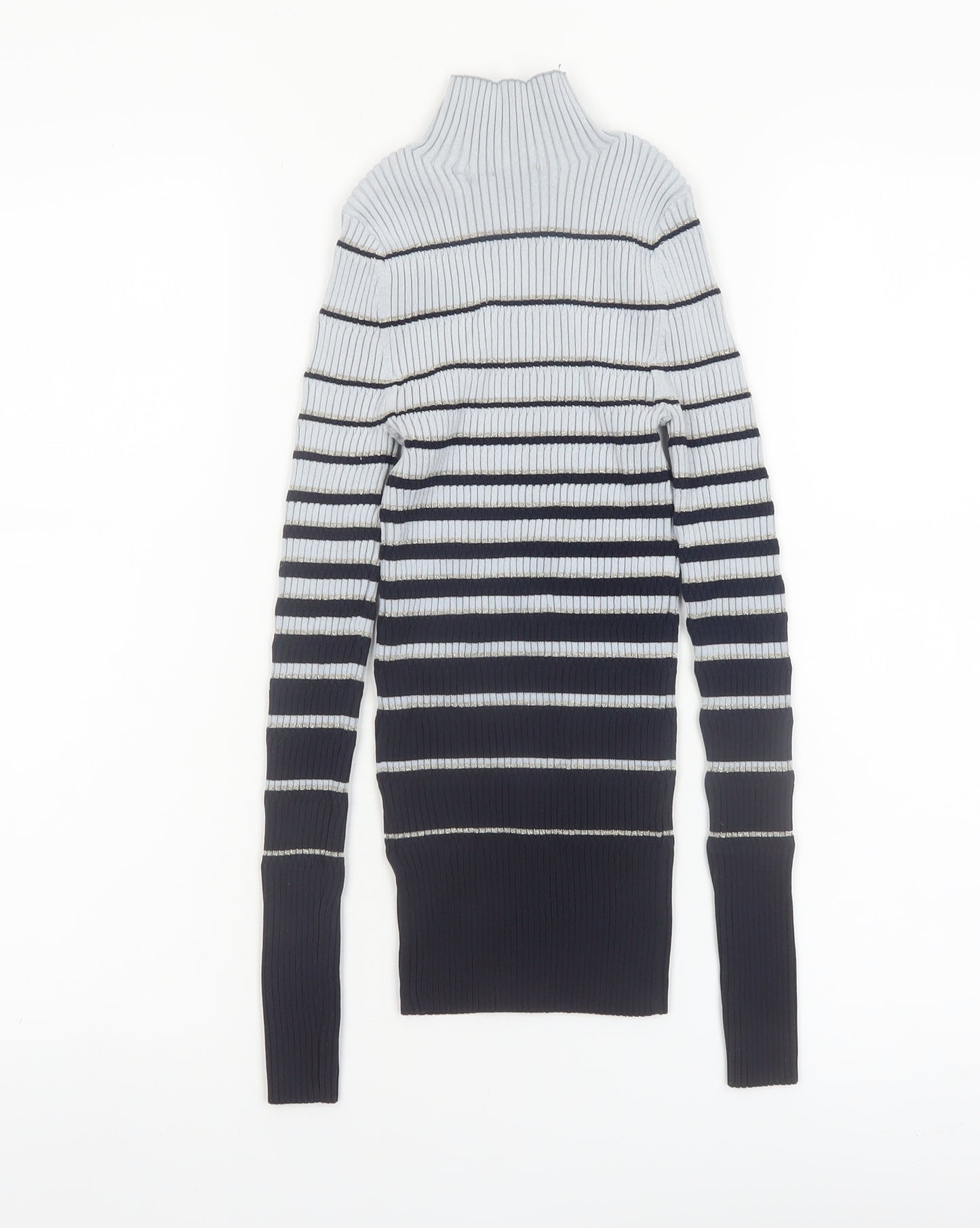 Ted Baker Women Grey & Navy Striped Mock Neck Ribbed Jumper Size XS
