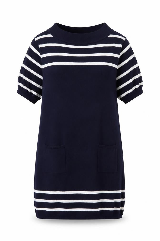 Front view of Jigsaw Women Blue Striped Wool Knit Shift Dress, size S