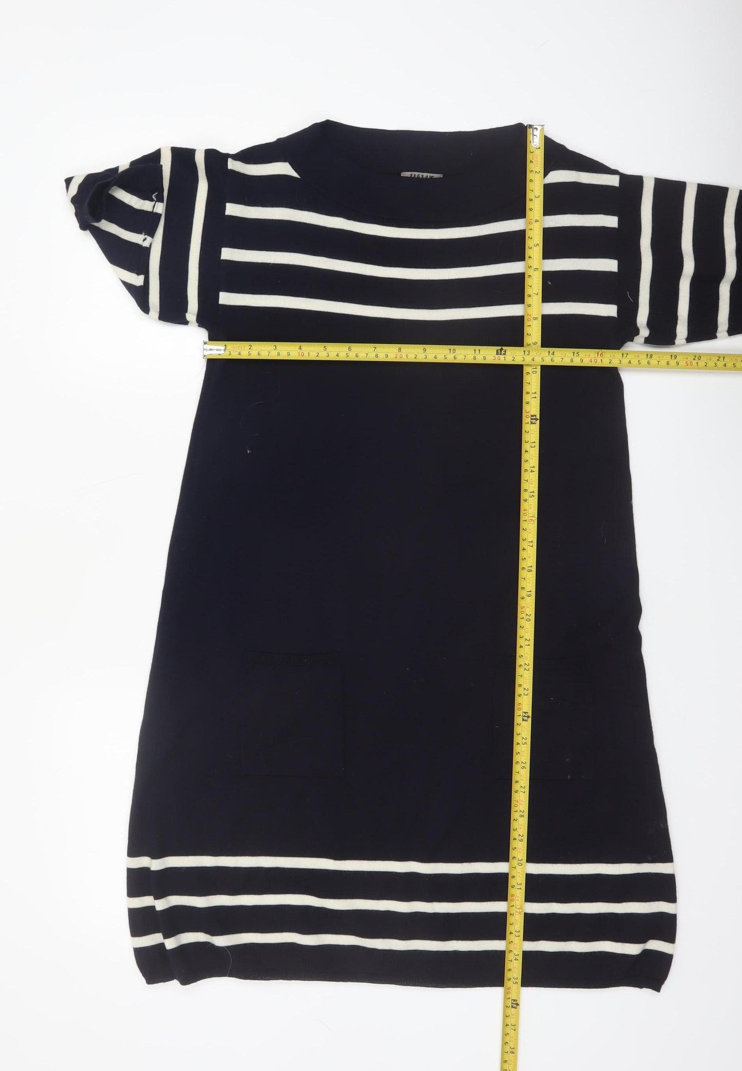 Jigsaw Women Blue Striped Wool Knit Shift Dress Size S
