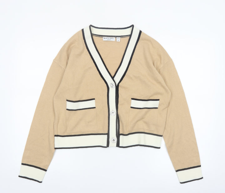 Brave Soul Women Beige Knit V-Neck Button Cardigan XS