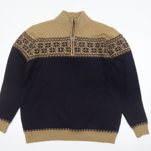 Kensington Eastside Men's Beige Blue Fair Isle Half Zip Jumper XL