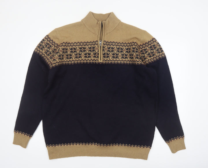 Kensington Eastside Men's Beige Blue Fair Isle Half Zip Jumper XL