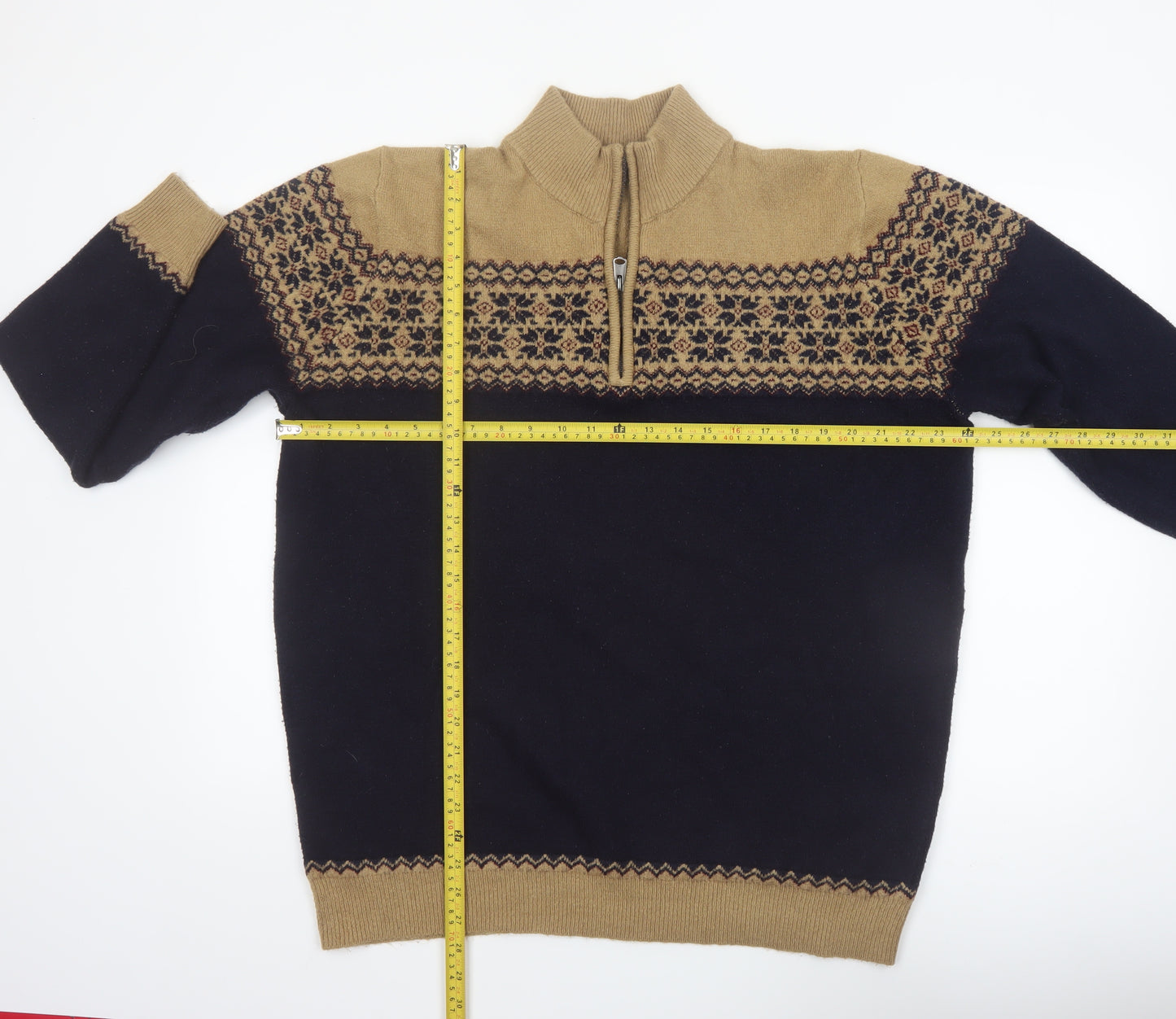 Kensington Eastside Men's Beige Blue Fair Isle Half Zip Jumper XL