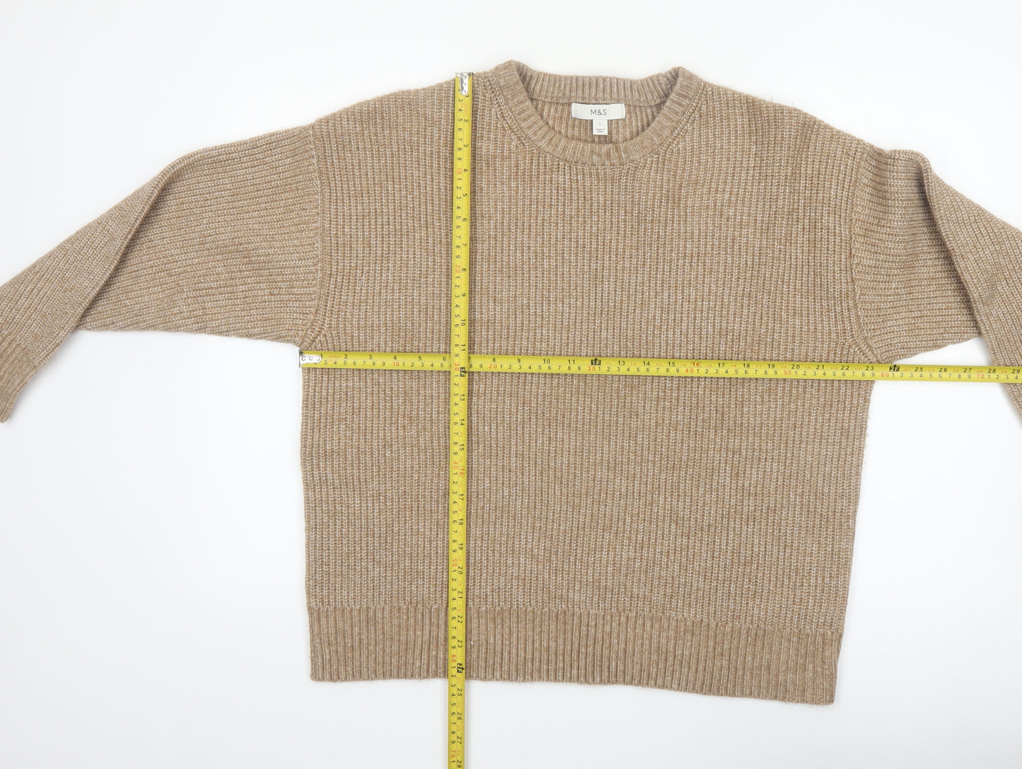 Marks and Spencer Women Beige L Chunky Knit Crew Neck Jumper