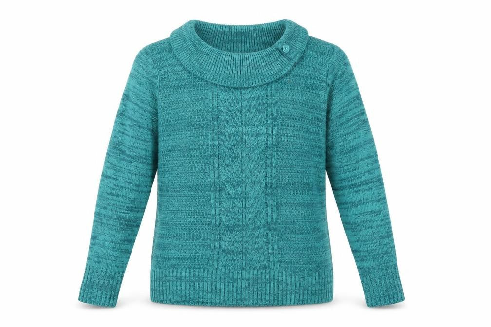 Front view of Bonmarché women’s green cowl neck cable knit jumper, size M