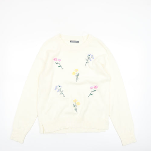 Bonmarché Women Ivory Embroidered Floral Cotton Jumper Size 10
