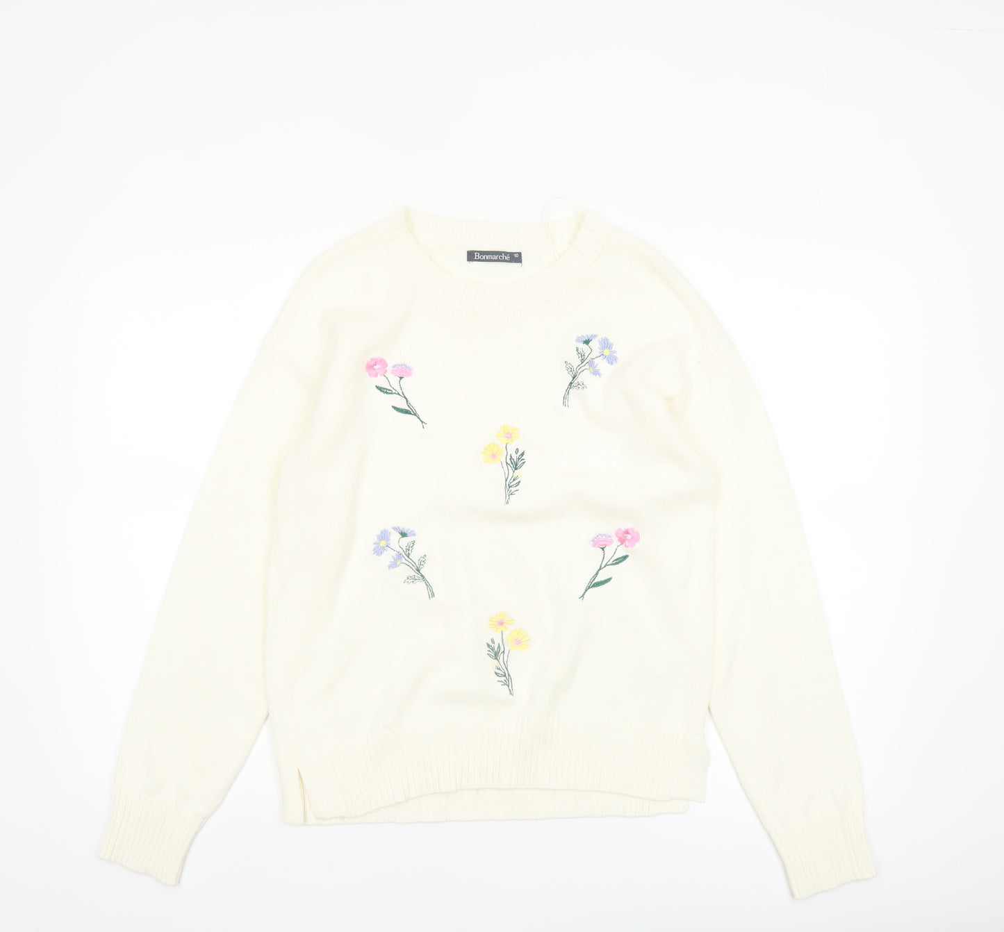 Bonmarché Women Ivory Embroidered Floral Cotton Jumper Size 10