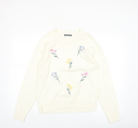 Bonmarché Women Ivory Embroidered Floral Cotton Jumper Size 10