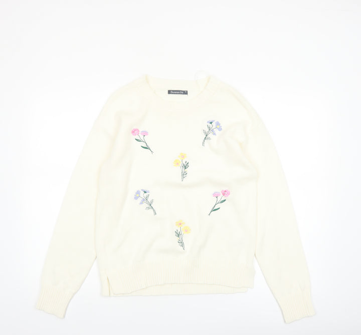 Bonmarché Women Ivory Embroidered Floral Cotton Jumper Size 10