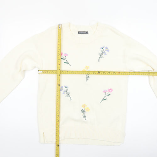 Bonmarché Women Ivory Embroidered Floral Cotton Jumper Size 10