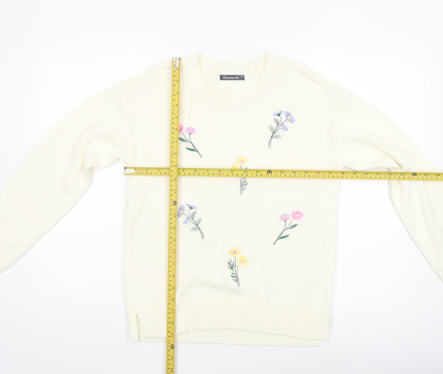 Bonmarché Women Ivory Embroidered Floral Cotton Jumper Size 10