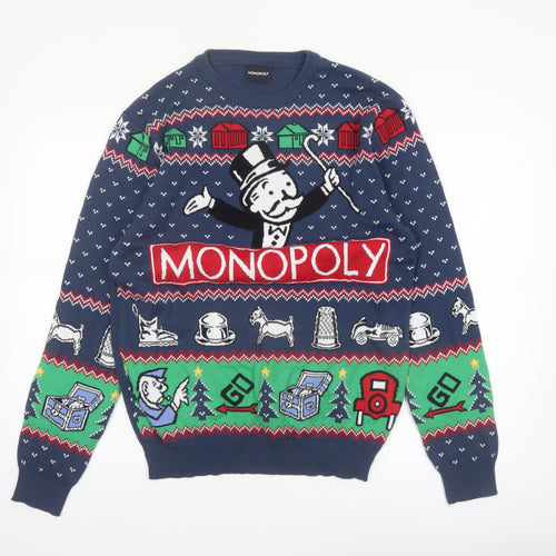 Monopoly Men's Blue Christmas Graphic Pullover Jumper Size L