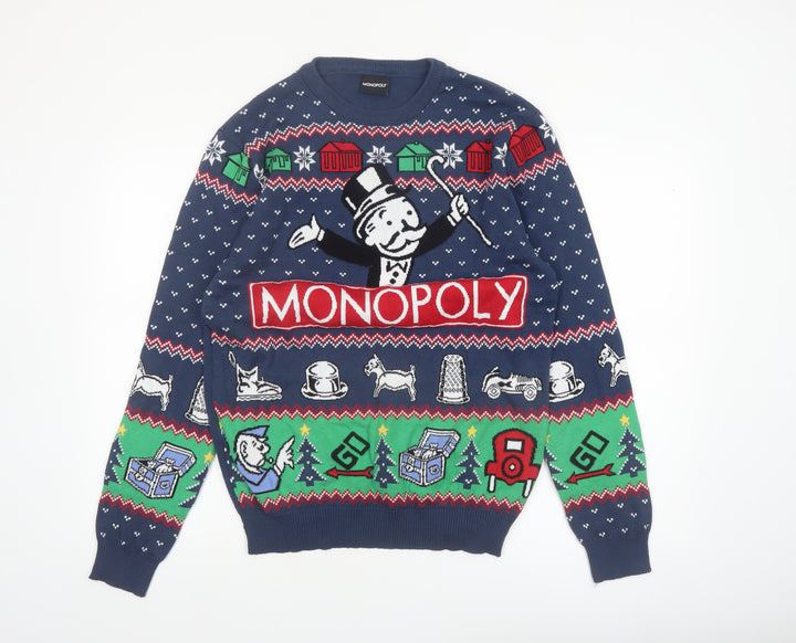 Monopoly Men's Blue Christmas Graphic Pullover Jumper Size L
