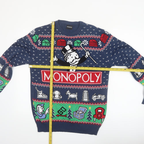 Monopoly Men's Blue Christmas Graphic Pullover Jumper Size L