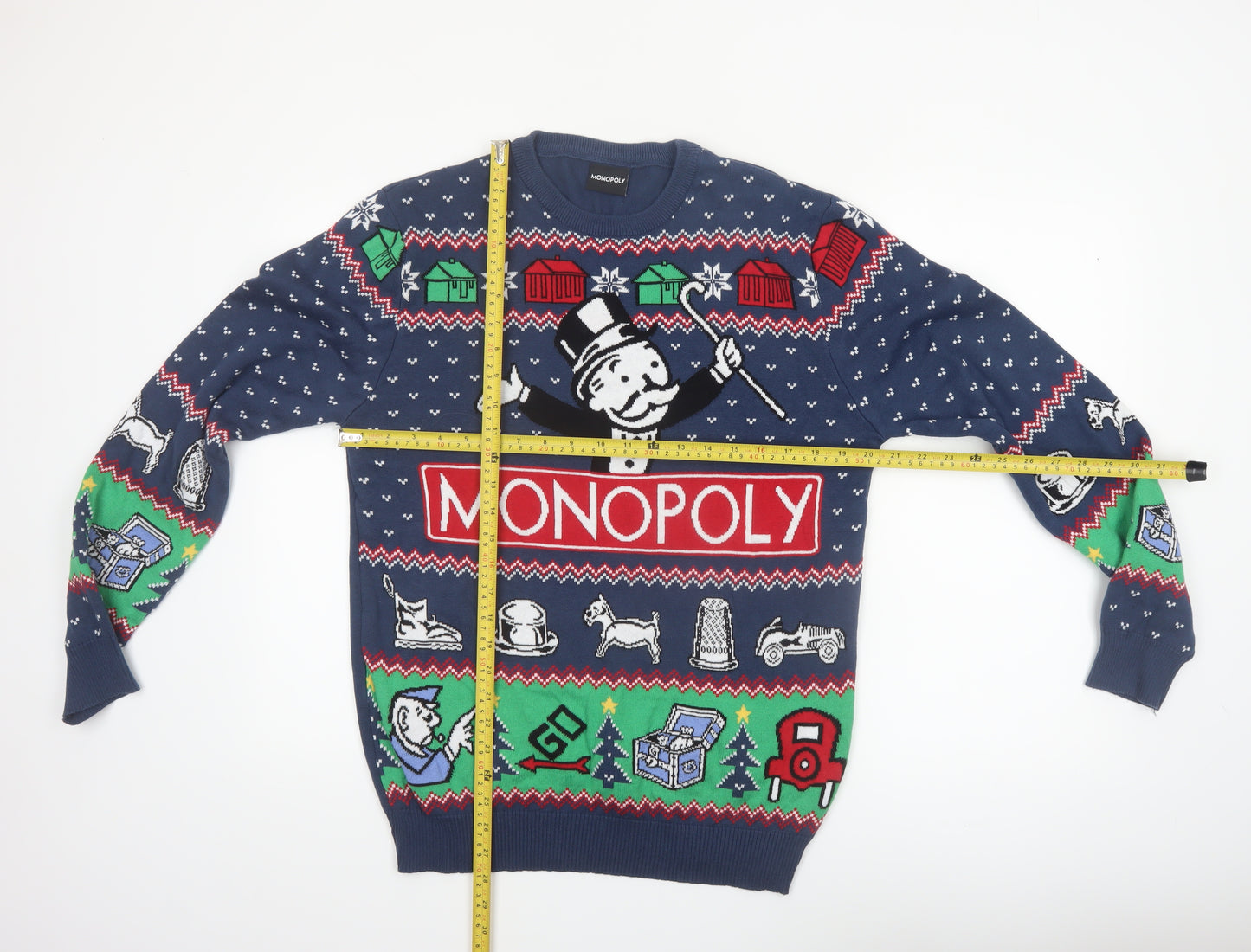Monopoly Men's Blue Christmas Graphic Pullover Jumper Size L