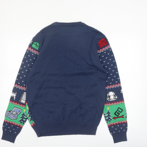 Monopoly Men's Blue Christmas Graphic Pullover Jumper Size L
