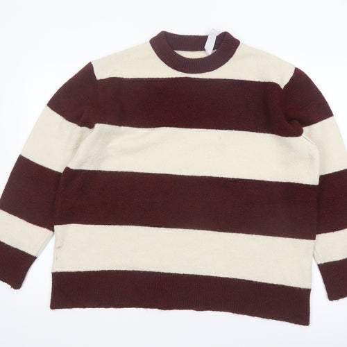 Stradivarius Women's Brown Striped Crew Neck Knit Jumper Size 10