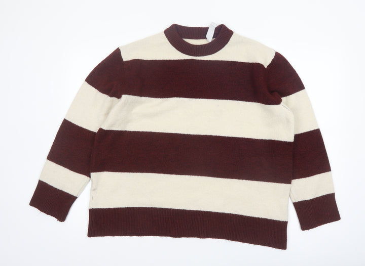 Stradivarius Women's Brown Striped Crew Neck Knit Jumper Size 10