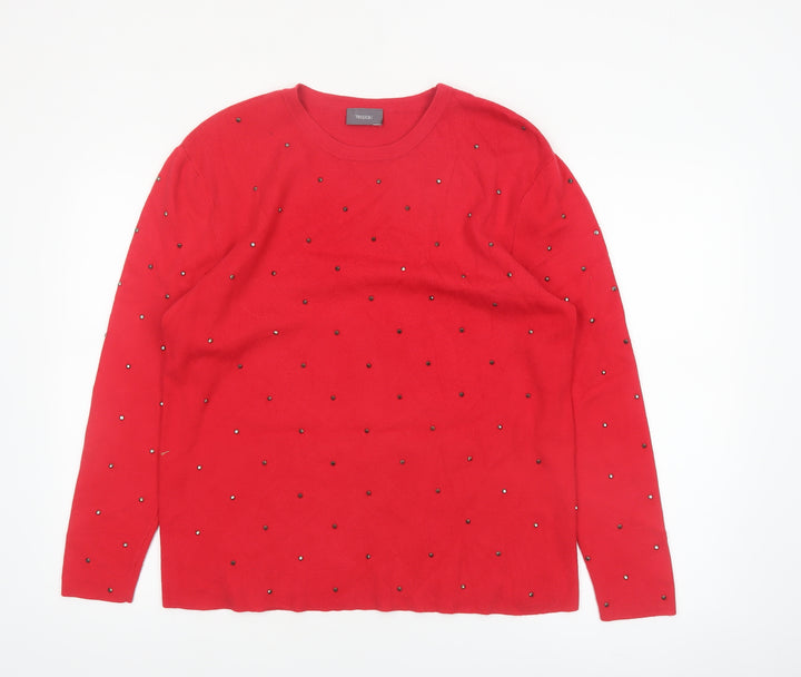 Yessica Women's Red Beaded Crew Neck Knit Jumper Size L