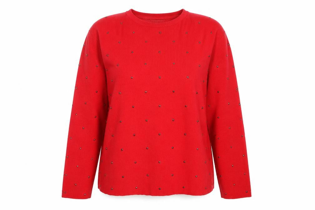 Front view of Yessica Women's Red Beaded Crew Neck Knit Jumper, size L