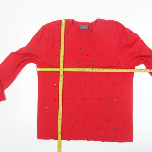 Yessica Women's Red Beaded Crew Neck Knit Jumper Size L
