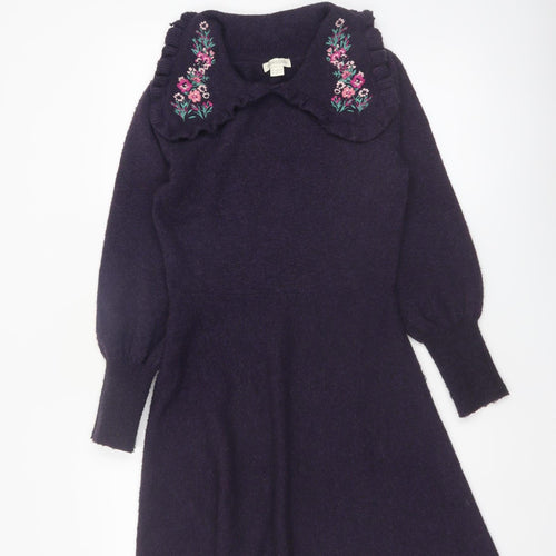 Monsoon Women Purple Fit & Flare Embroidered Knit Dress Size 8