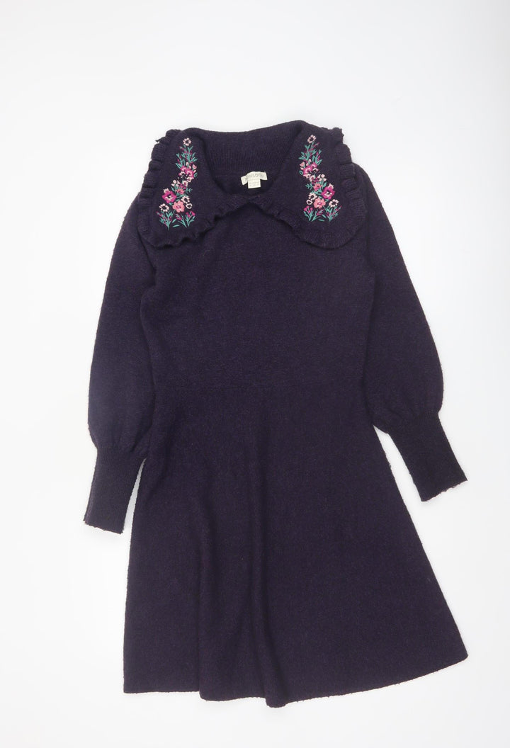Monsoon Women Purple Fit & Flare Embroidered Knit Dress Size 8