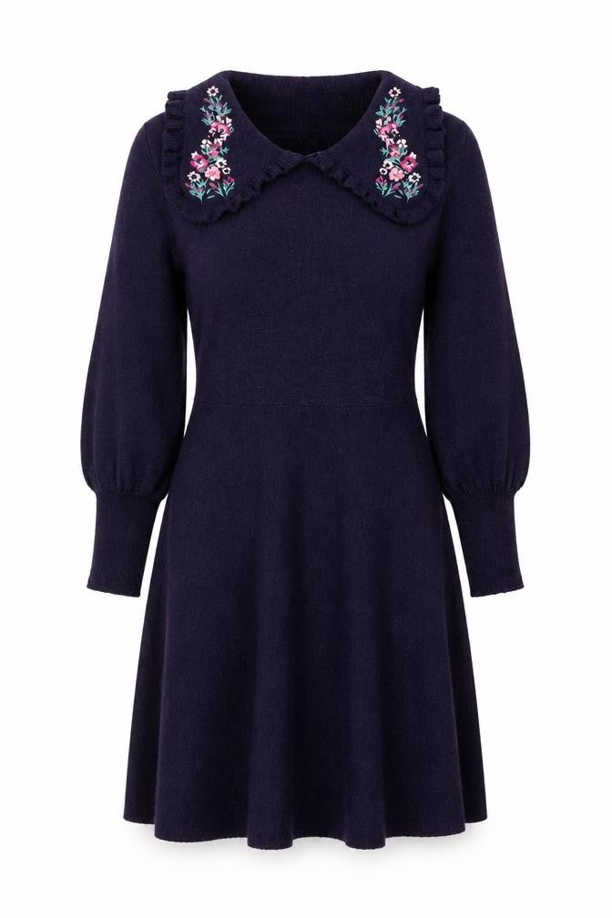 Monsoon Women Purple Fit & Flare Embroidered Knit Dress Size 8