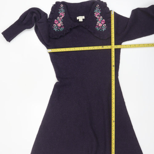 Monsoon Women Purple Fit & Flare Embroidered Knit Dress Size 8