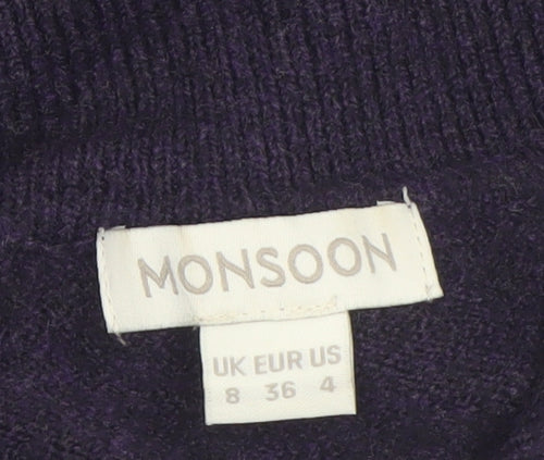 Monsoon Women Purple Fit & Flare Embroidered Knit Dress Size 8