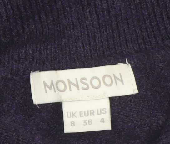 Monsoon Women Purple Fit & Flare Embroidered Knit Dress Size 8