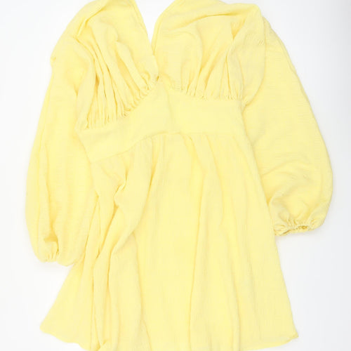Boohoo Women Yellow A-Line Short Ruched V-Neck Dress Size 14