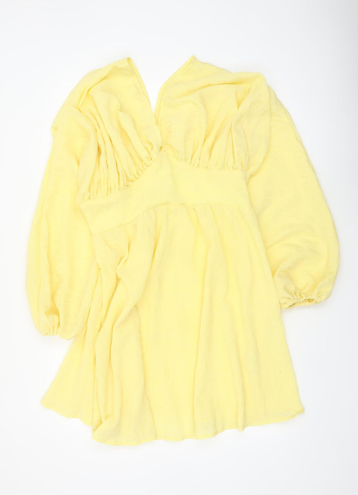 Boohoo Women Yellow A-Line Short Ruched V-Neck Dress Size 14