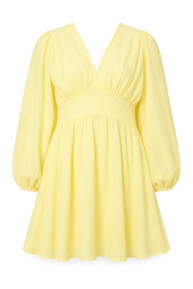Boohoo Women Yellow A-Line Short Ruched V-Neck Dress Size 14