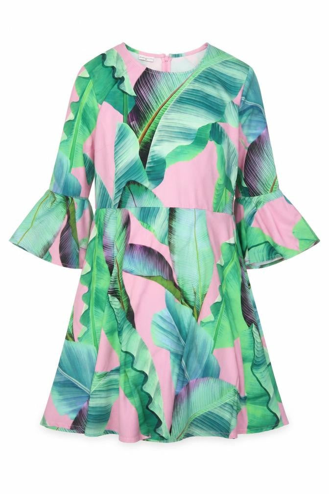 Front view of Every Cloud women’s multicoloured tropical a-line dress, size UK 14