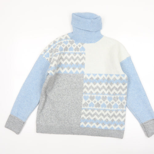 Oasis Women’s Blue Grey Fair Isle Roll Neck Jumper Size S