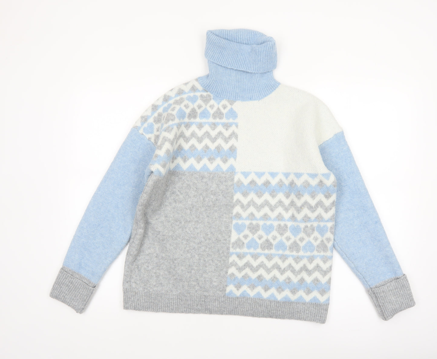 Oasis Women’s Blue Grey Fair Isle Roll Neck Jumper Size S