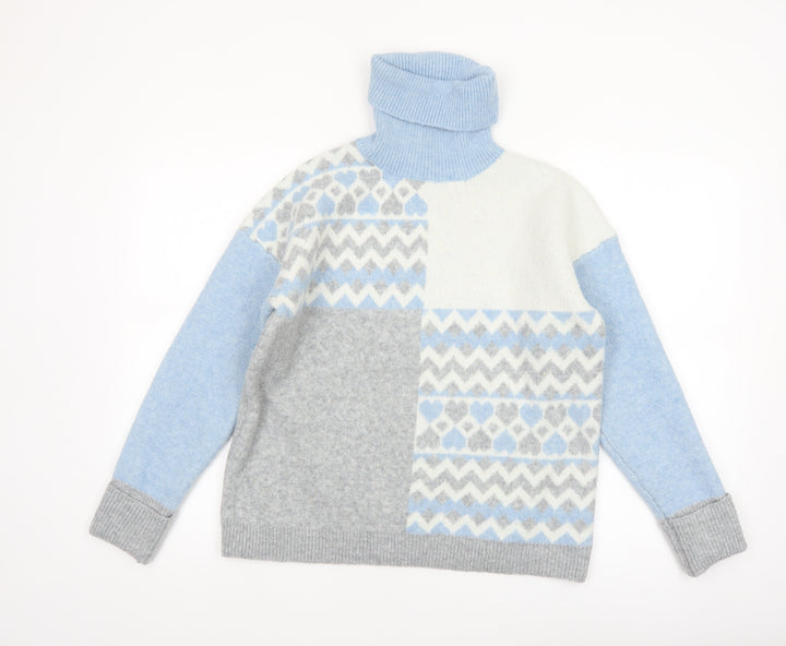 Oasis Women’s Blue Grey Fair Isle Roll Neck Jumper Size S