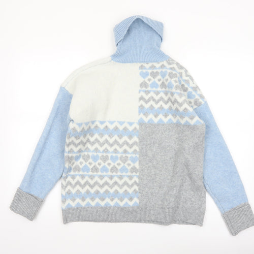 Oasis Women’s Blue Grey Fair Isle Roll Neck Jumper Size S